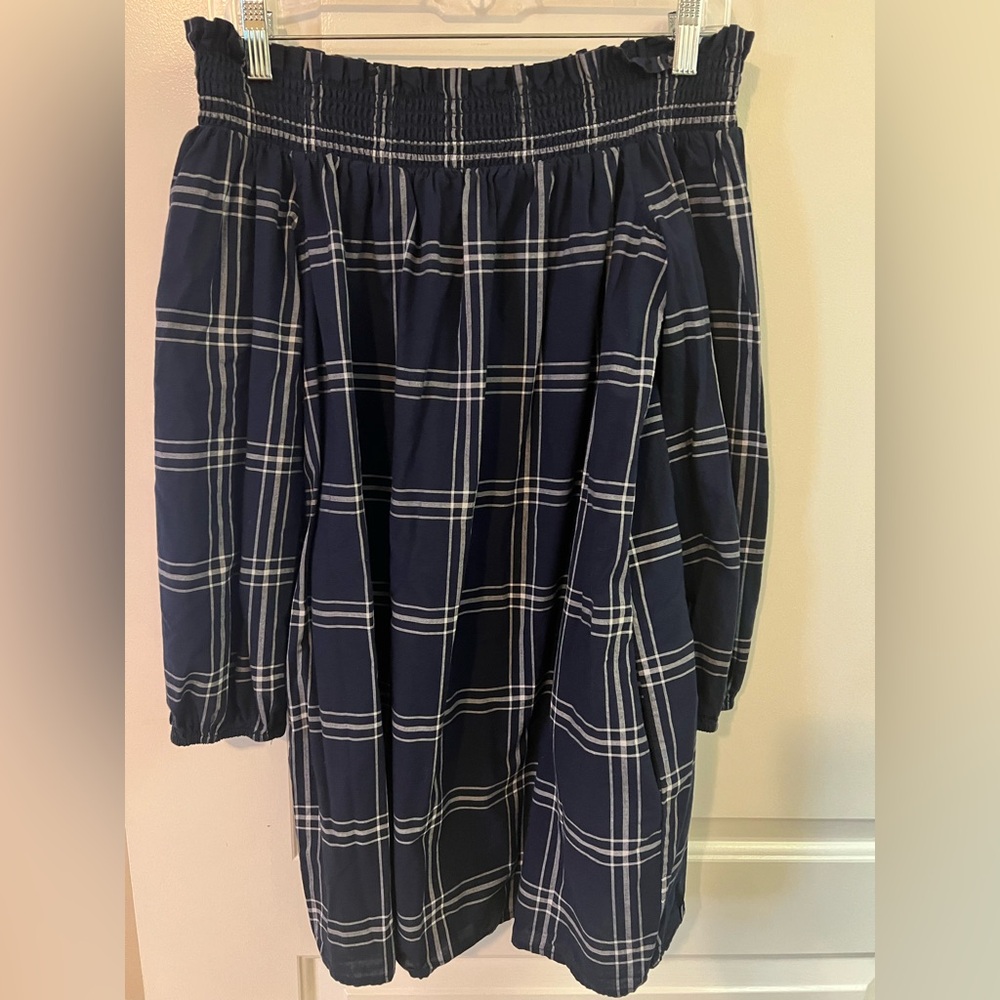 Abercrombie & Fitch Navy Plaid Off the Shoulder Dress